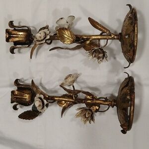 Rare Mid-century Florentine Italian gilt toile pair candlesticks regency